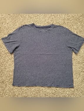 A New Day T-shirt Shirt Linen Boxy Top Navy Blue White Striped Crew Neck Small